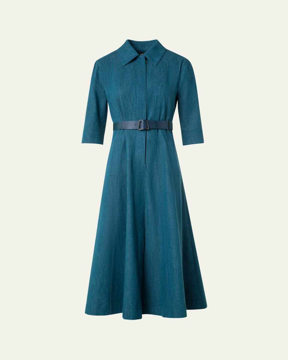 Belted Cotton Denim Stretch Midi Dress